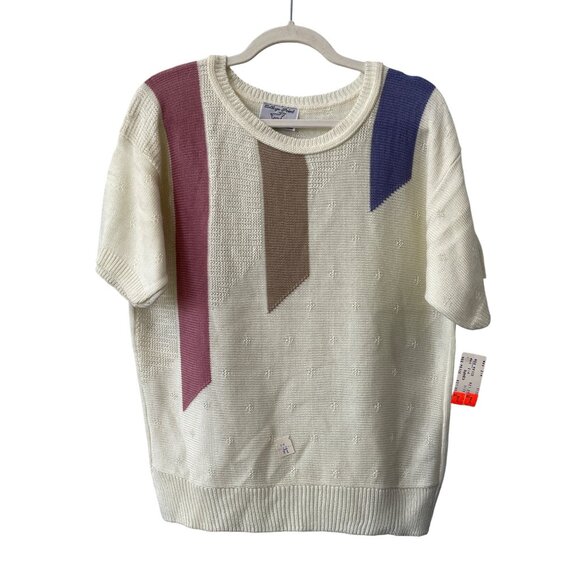 Vintage 90s College Point Sweater Size XL Crewneck Cream Multi Deadstock NEW - Picture 1 of 7